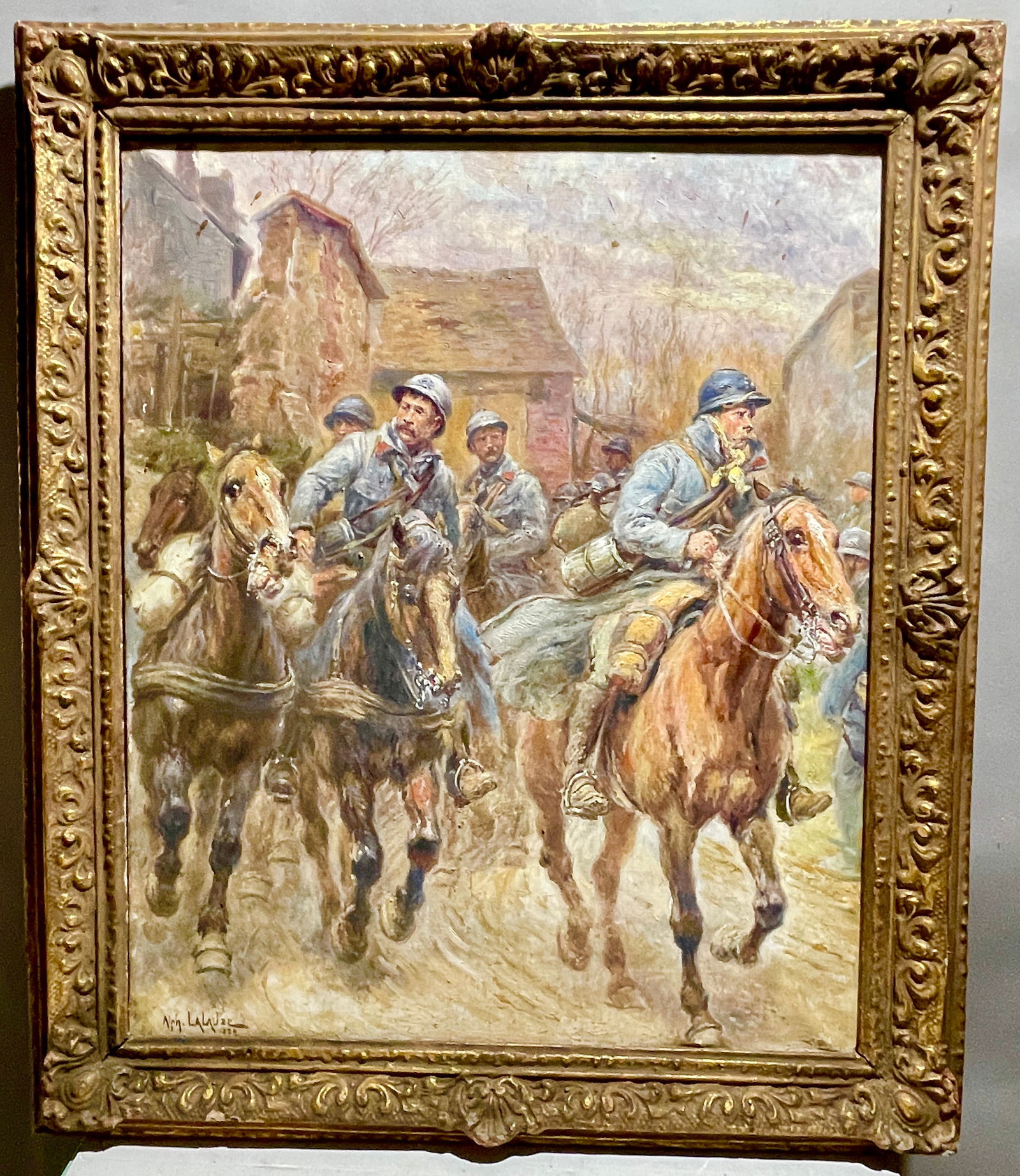 Alphonse Lalauze (France 1872) Oil on Canvas: Soldier on horseback. DIMENSIONS: sight 21 1/2"x 25 1/2" framed 26 1/2" x 31". ORIGIN: France CIRCA: 1920.