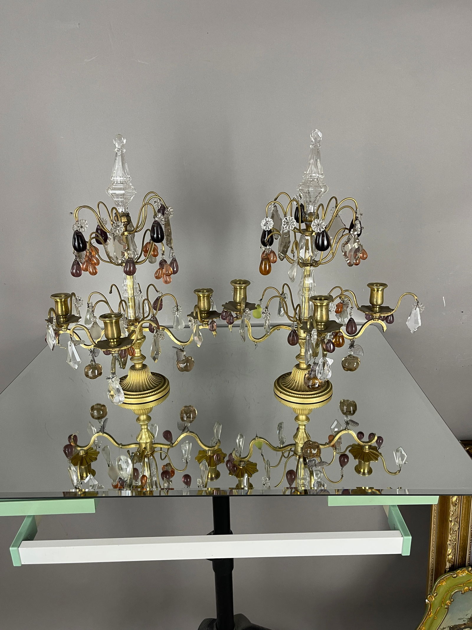 Pr. of French 1920's Crystal Girandoles: Three arm brass with fruit clusters. DIMENSIONS: 17 1/2"t x 9 1/2"d x 12"w ORIGIN: France CIRCA: 1920.