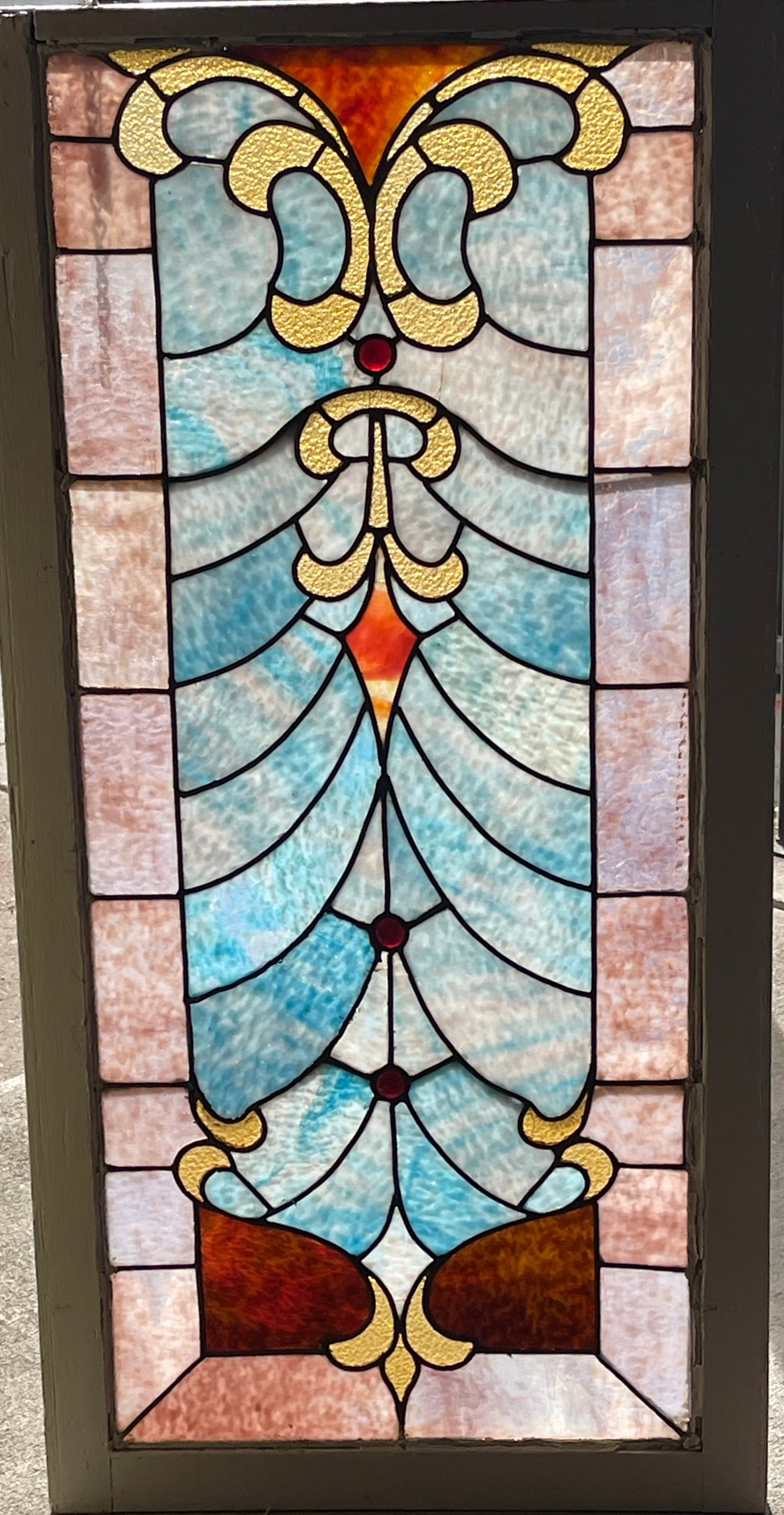 French Louis XV Style Stain & Leaded Glass Window: In wood frame with red jewels. DIMENSIONS: 45"t x 22"w ORIGIN: USA CIRCA: 1890.