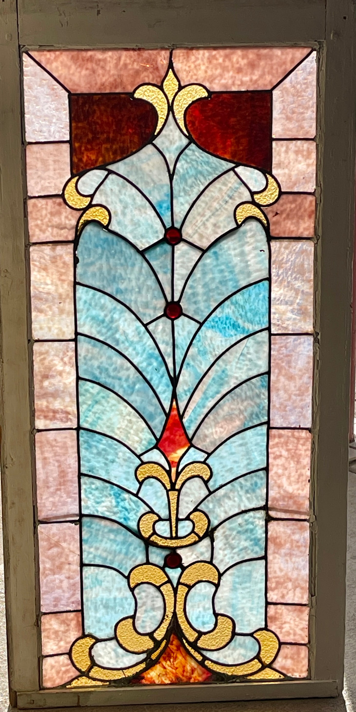 French Louis XV Style Stain & Leaded Glass WIndow: In wood frame with red jewels. DIMENSIONS: 45"t x 22"w. ORIGIN: USA CIRCA: 1890.