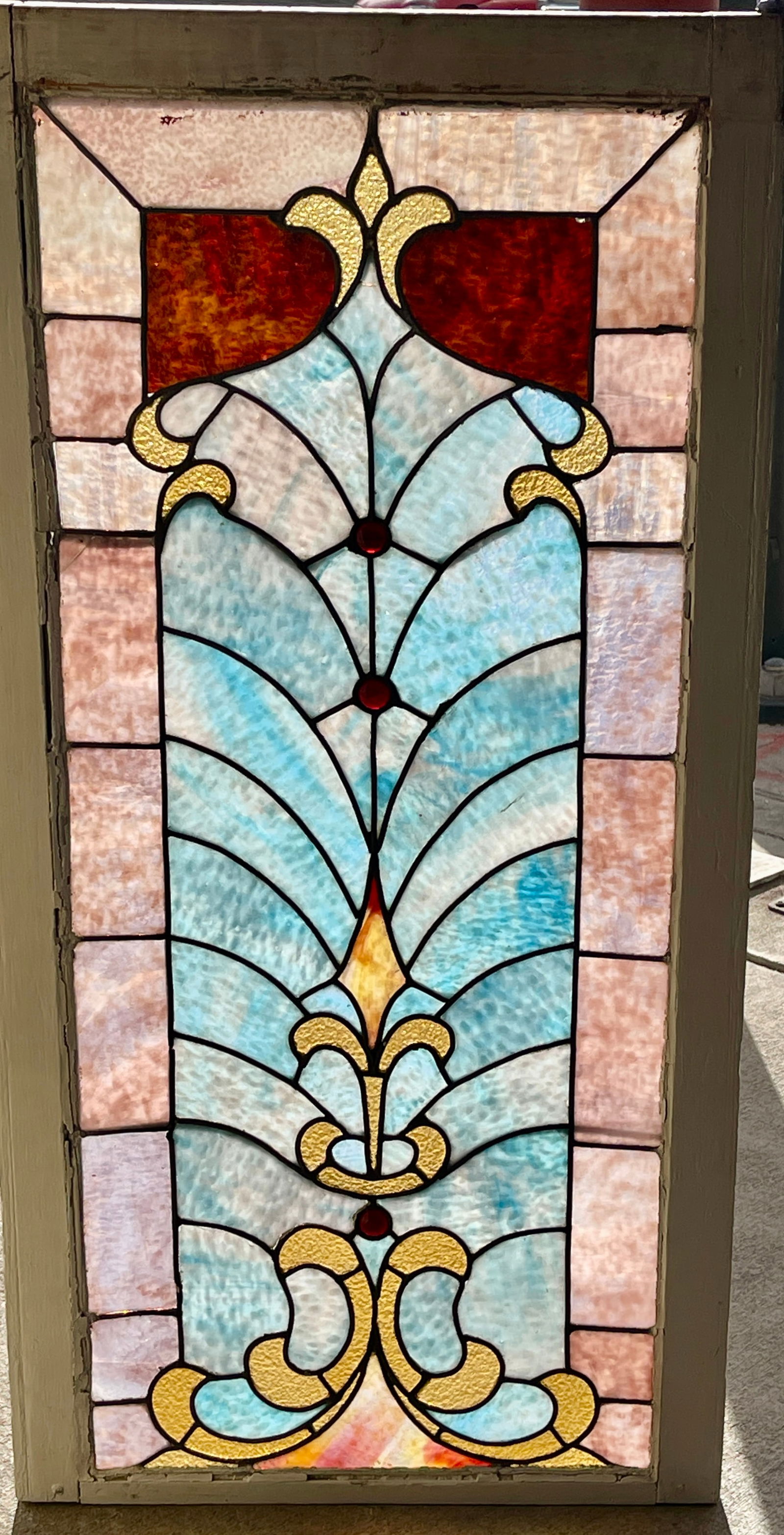 French Louis XV Style Stain & Leaded Glass Window: In wood frame with red jewels. DIMENSIONS: 45"t x 22"w ORIGIN: USA CIRCA: 1890.