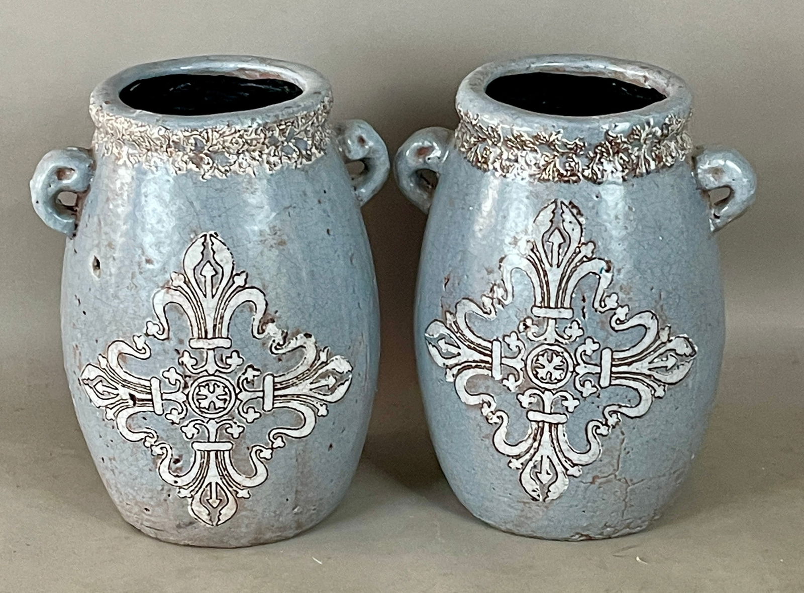 Pair of 1920 Italian Two Handled Jugs: Blue and white, terracotta. DIMENSIONS: 18"t x 11"d x 14"w ORIGIN: France CIRCA: 1920.