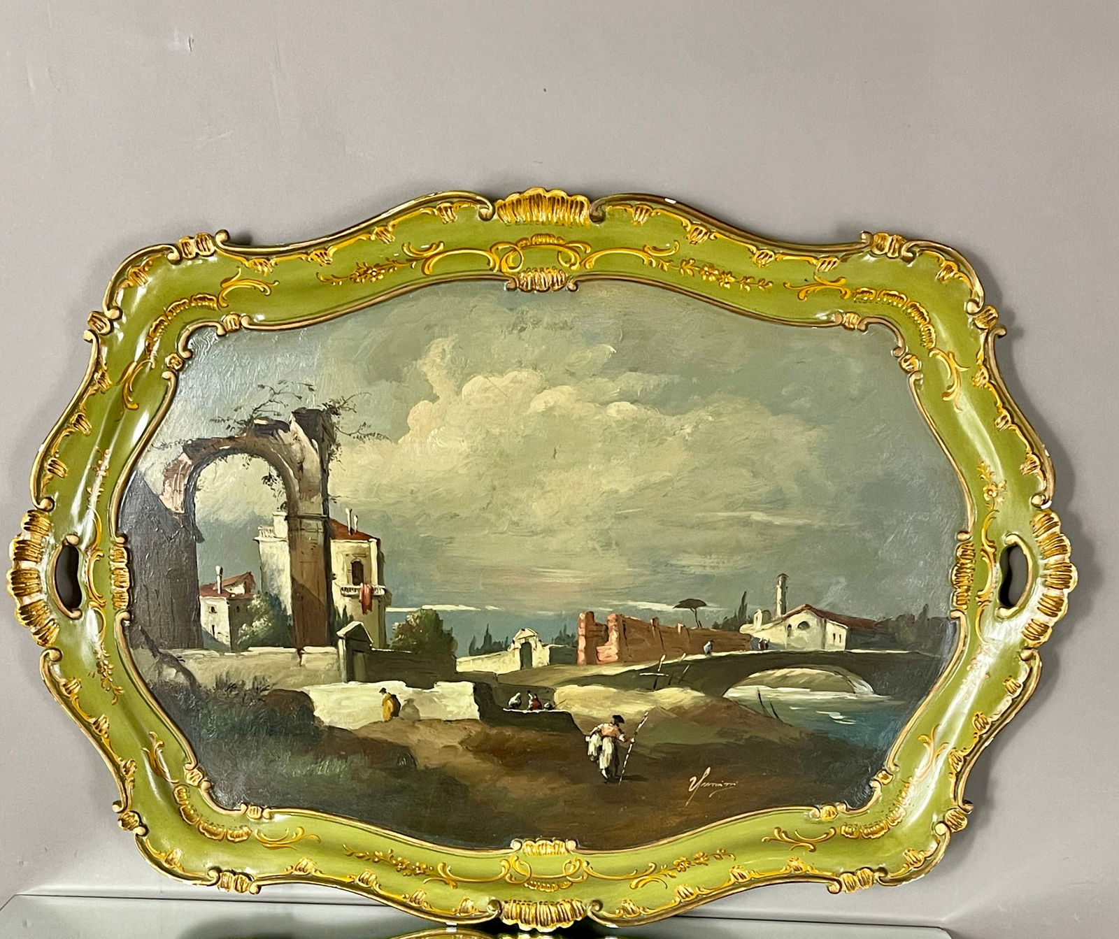 Vintage Italian Landscape Painted Tray: MARKS: artist signed DIMENISONS: 22" x 32" ORIGIN: Italy CIRCA: 1930.
