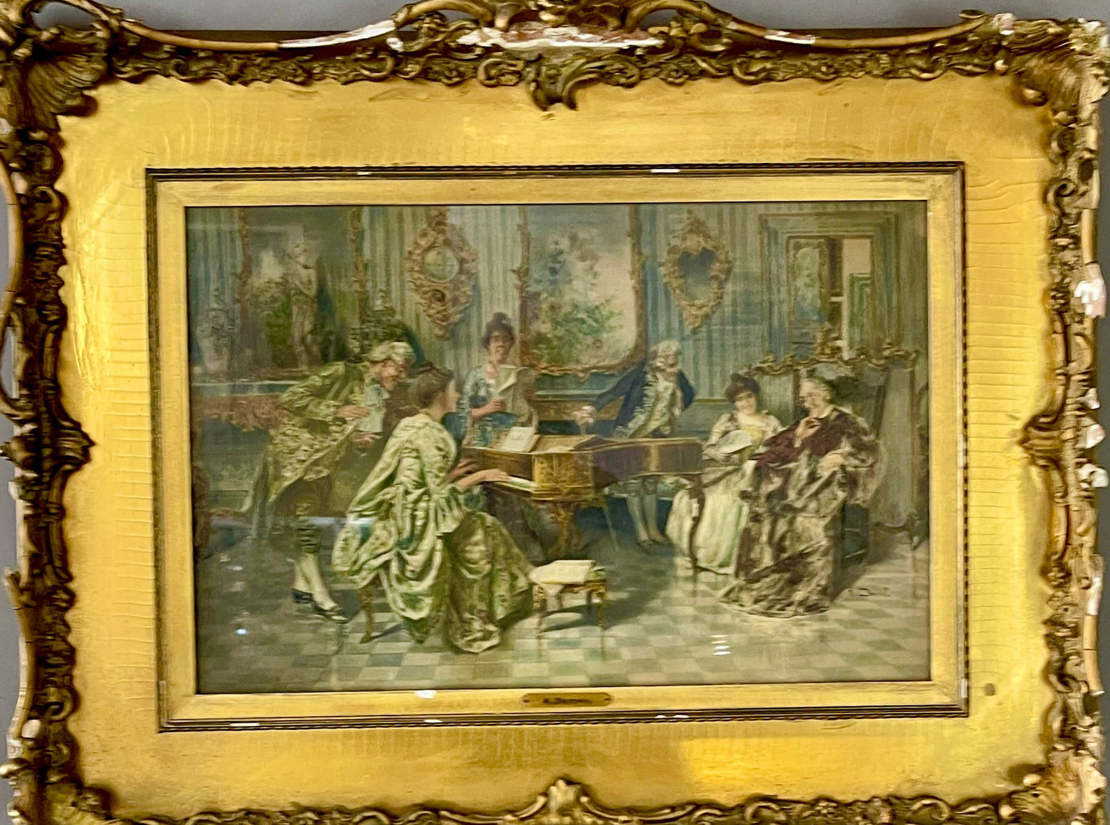 A. Darni Water Color: "Piano Recital" MARKS: artist signed lower right CONDITION: frame has some damage DIMENSIONS: sight 24 1/2" x 16" framed 36" x 27" CIRCA: 1890.