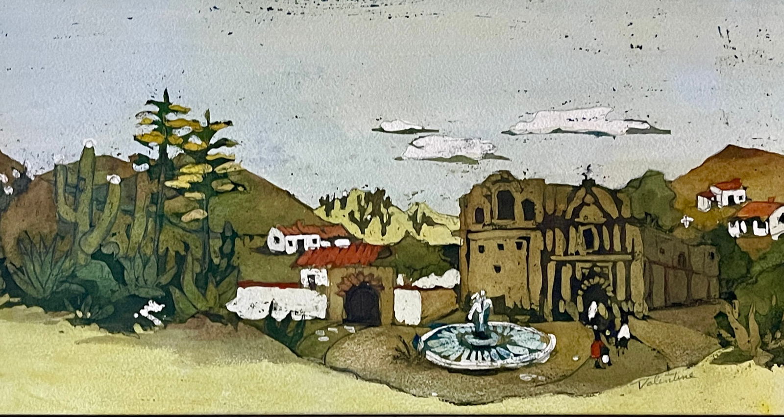 Marion Valentine "Mexican Musician" Water Color on Paper: Marion Valentine November 1938. DIMENSIONS: sight 18 1/2" x 10" framed 17 1/2" x 25" CIRCA: 1938.