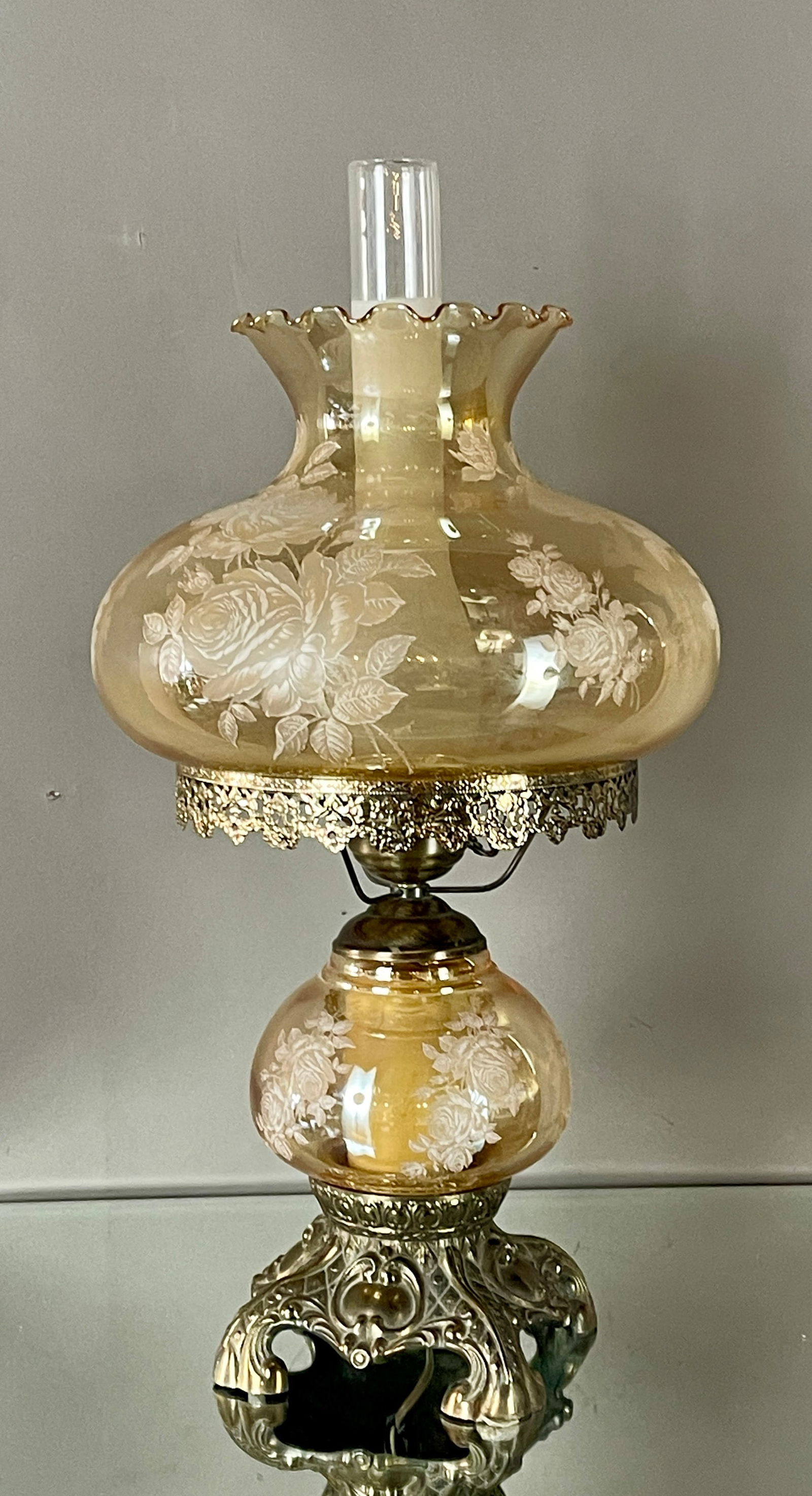 MCM GWTW Style Art Glass Table Lamp: Hand painted. DIMENSIONS: 23 1/2"t x 15"w ORIGIN: USA CIRCA: 1960.