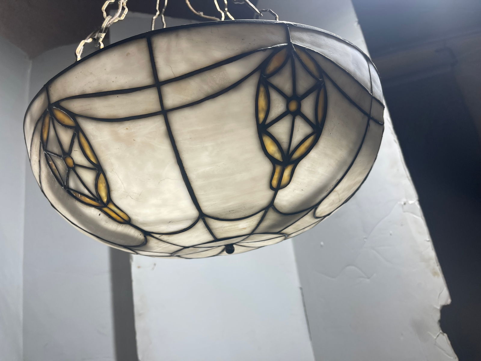 French Beaded & Stain Glass Hanging Dome Light: DIMENSIONS: 17"d x 27"t ORIGIN: France CIRCA: 1920's