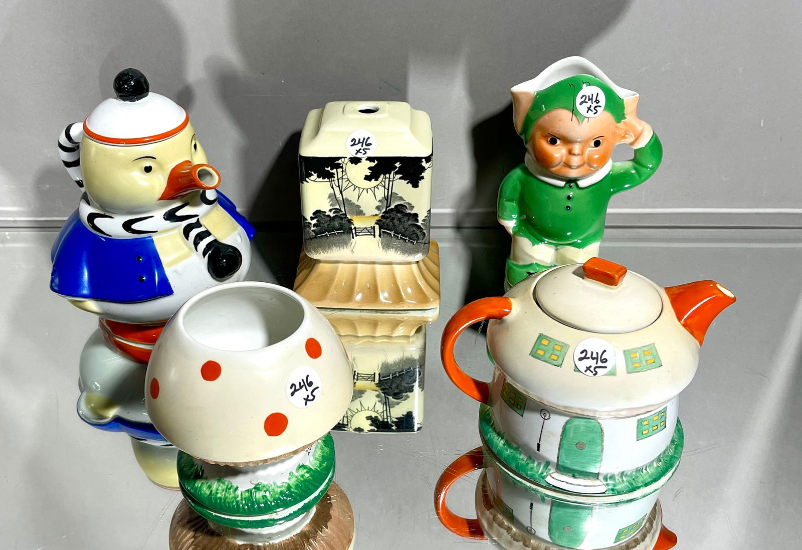 5 Pieces of Shelley: Tea pot 7", creamer & sugar 4", tall trees art deco plate, SGT Boo Boo 6"t CIRCA: 1930.