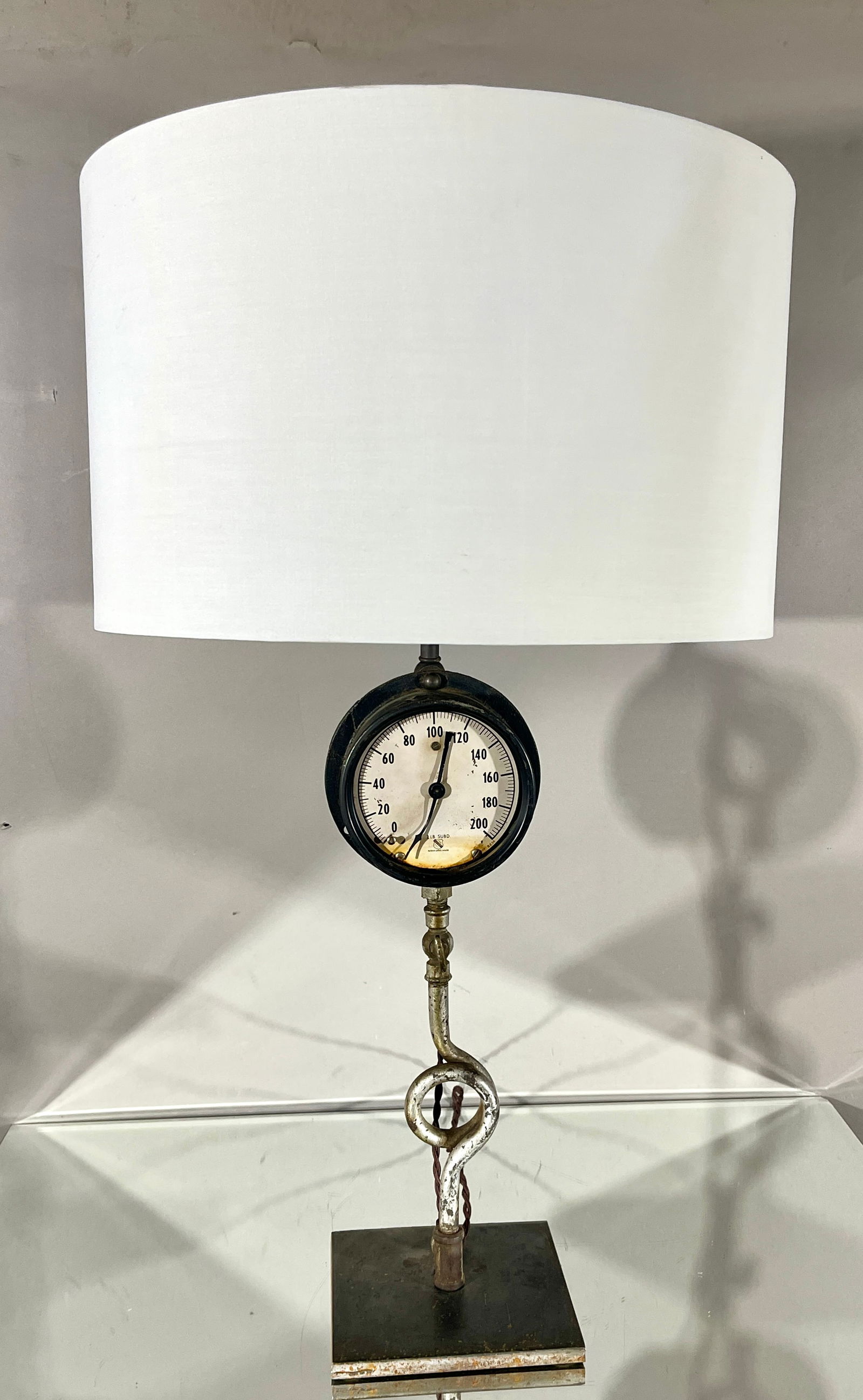 Ashcroft Industrial Pressure Gauge Table Lamp: CONDITION: rewired, in working order DIMENSIONS: 29"t x 17"d ORIGIN: USA CIRCA: 1920.