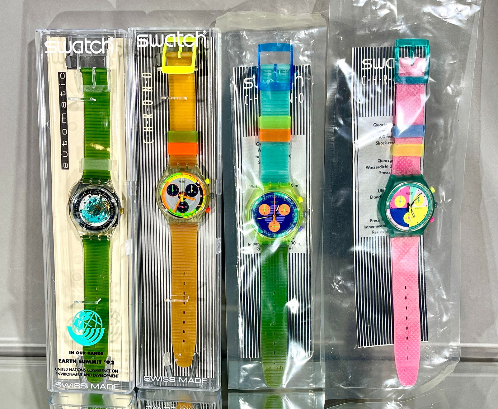 4 Swatch Collectible Wrist Watches: 3 Chromo 1 automatic. ORIGIN: Switzerland CIRCA: 1990.