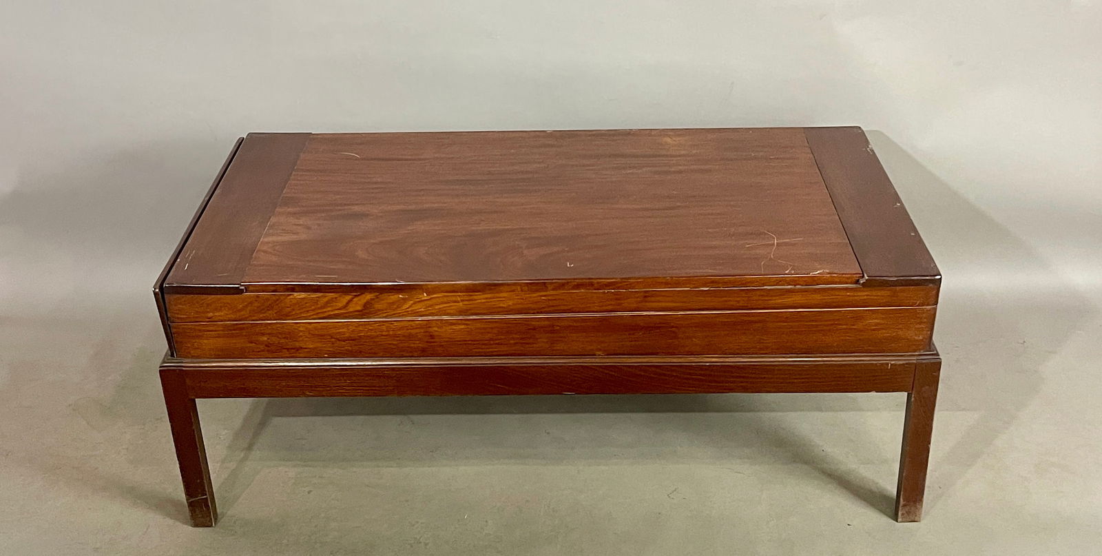 19th C Bagatelle Parlor Game Box Coffee Table: Mahogany. Opens up in the middle. DIMENSIONS: 19"t x 26"d x 50"w ORIGIN: England CIRCA: 1900.