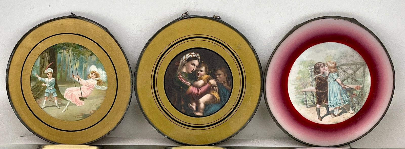 Three Vintage Round Chromolithographs Under Glass: DIMENSIONS: 8 1/2"d ORIGIN: USA