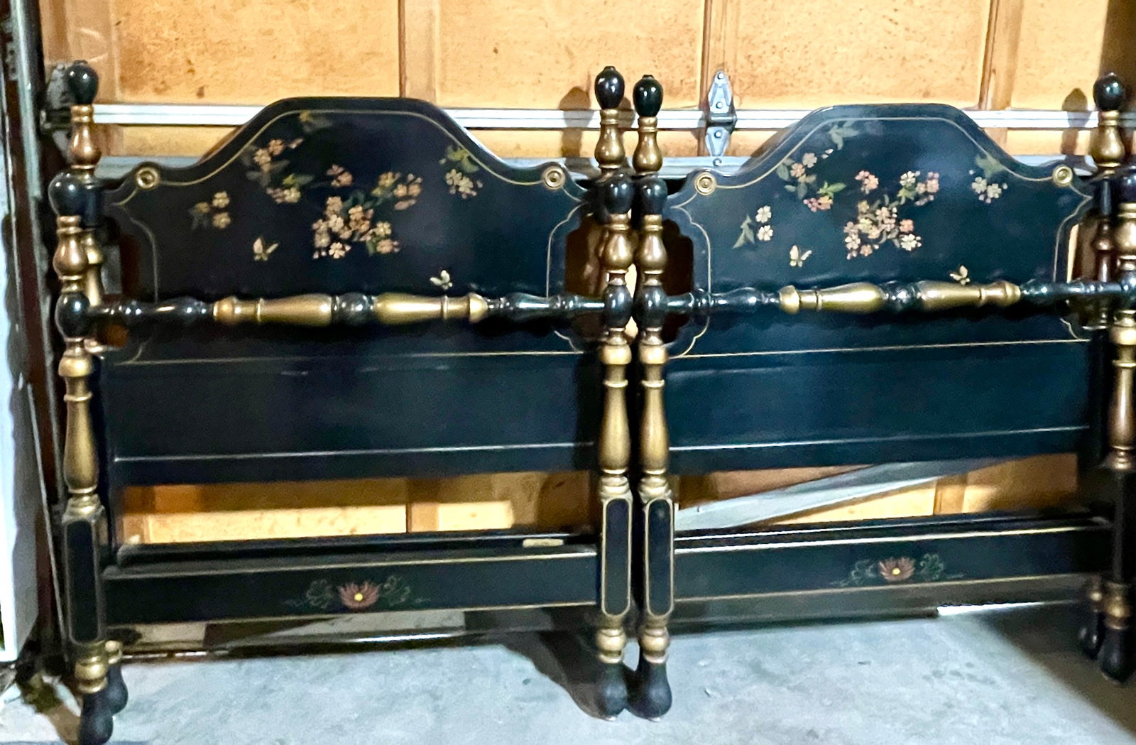 Pair of Stickley Brothers Black Laquered Twin Beds: Original lables "Quaint American Furniture" DIMENSIONS: 49"t x 40"w ORIGIN: USA CIRCA: 1920.