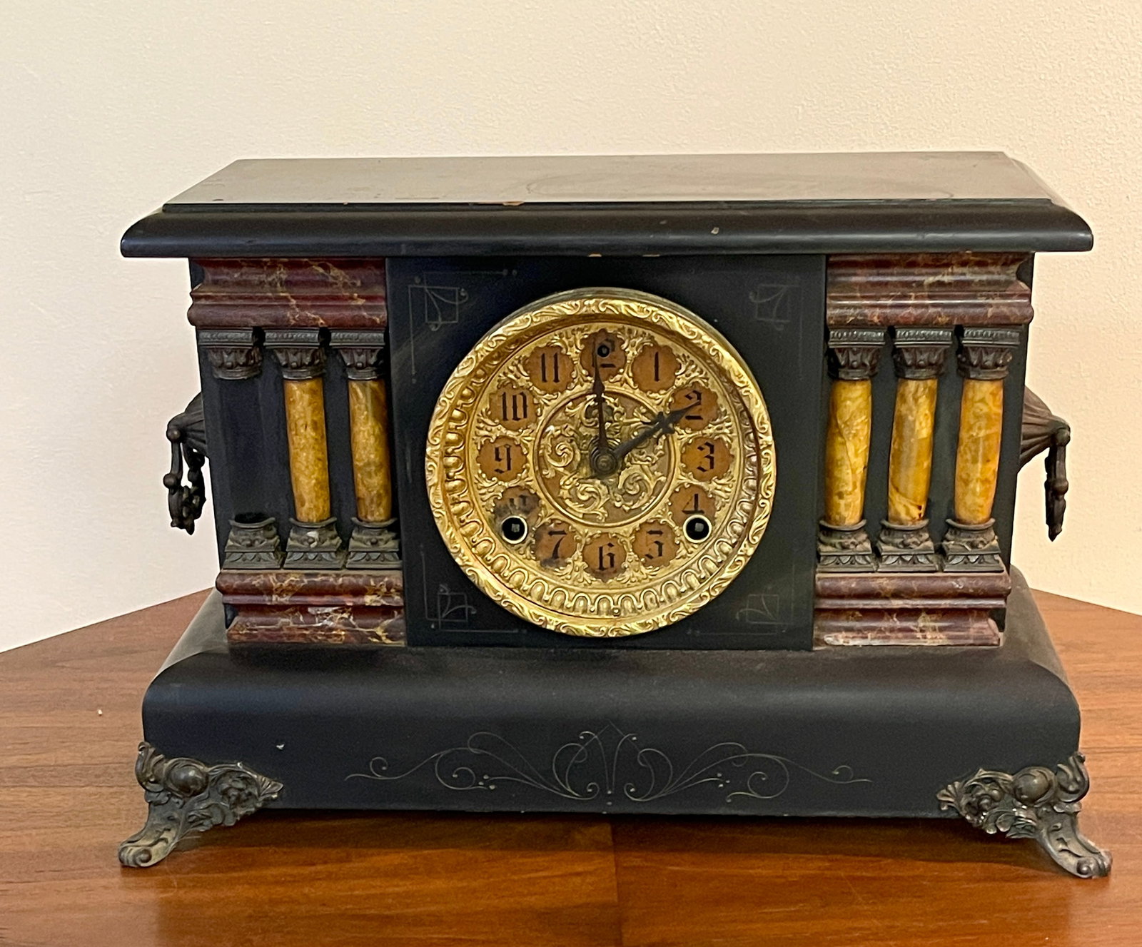 Session Black Mantel Clock: CONDITION; some losses DIMENSIONS: 11 1/2" x 4" x 17" ORIGIN: USA CIRCA: 1900.
