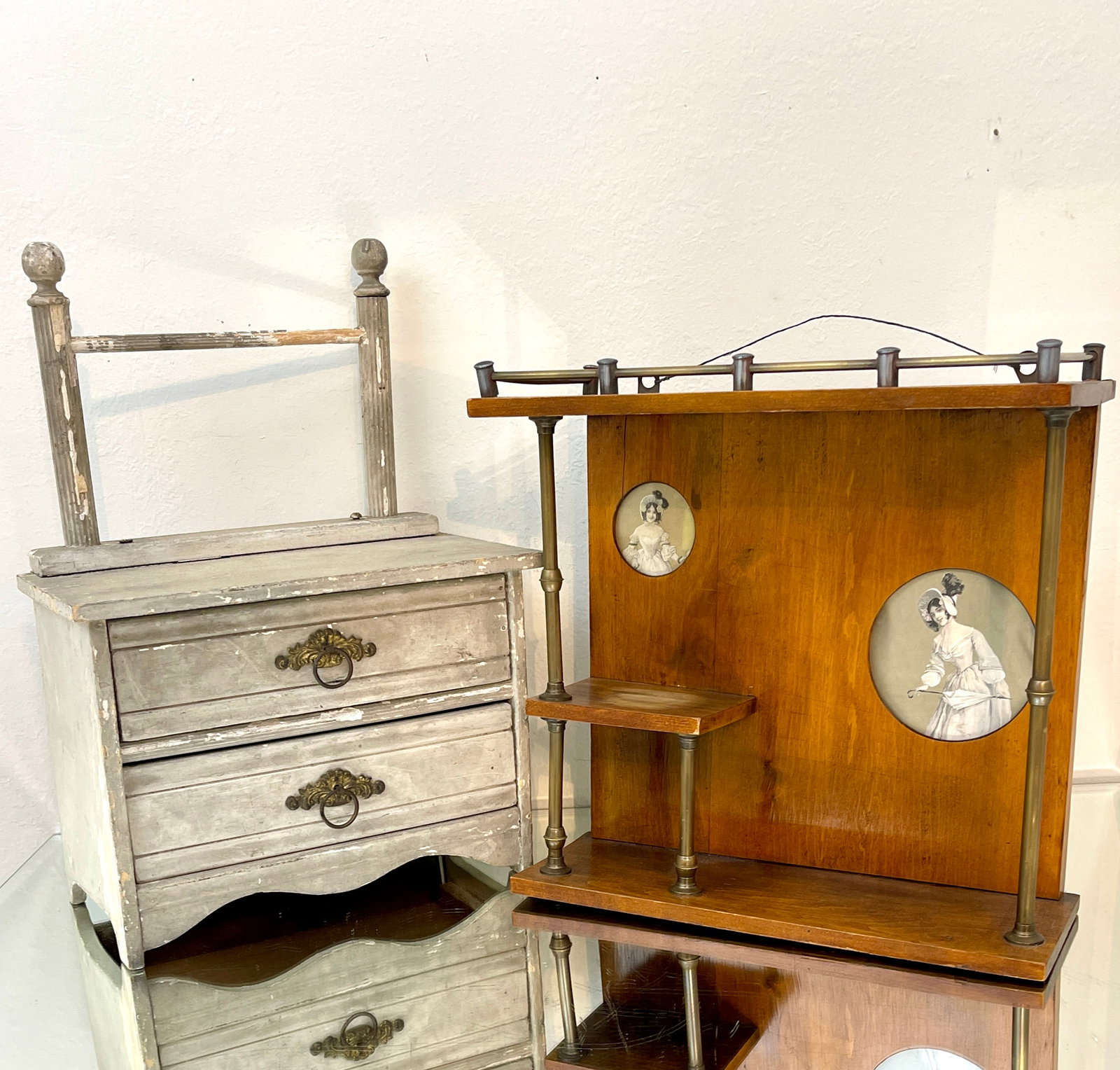 Two Antique Children's Pieces: Child's 2 drawer painted chest 15"t x 6"d x 10"w, wood and brass wall shelf 12"t x 5"d x 12"w CIRCA: 1910.