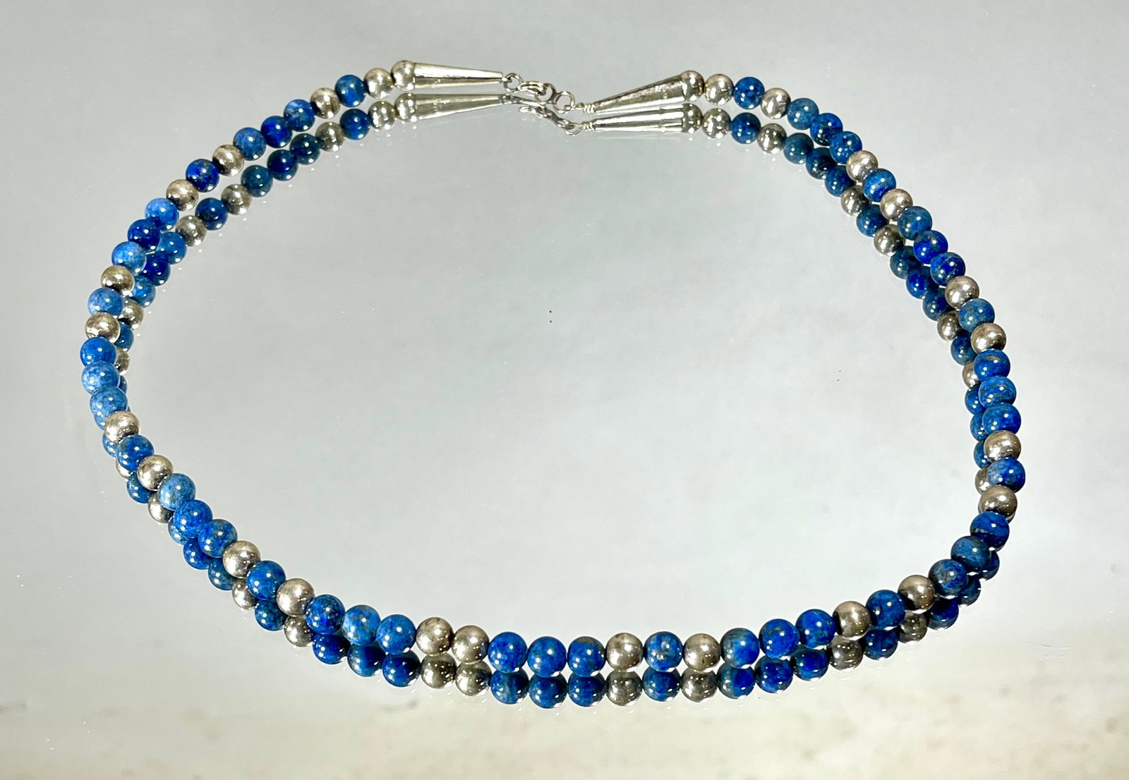Vintage Lapis Beaded & Sterling Necklace 24"L: Total weight 54 grams. Circa 1960.