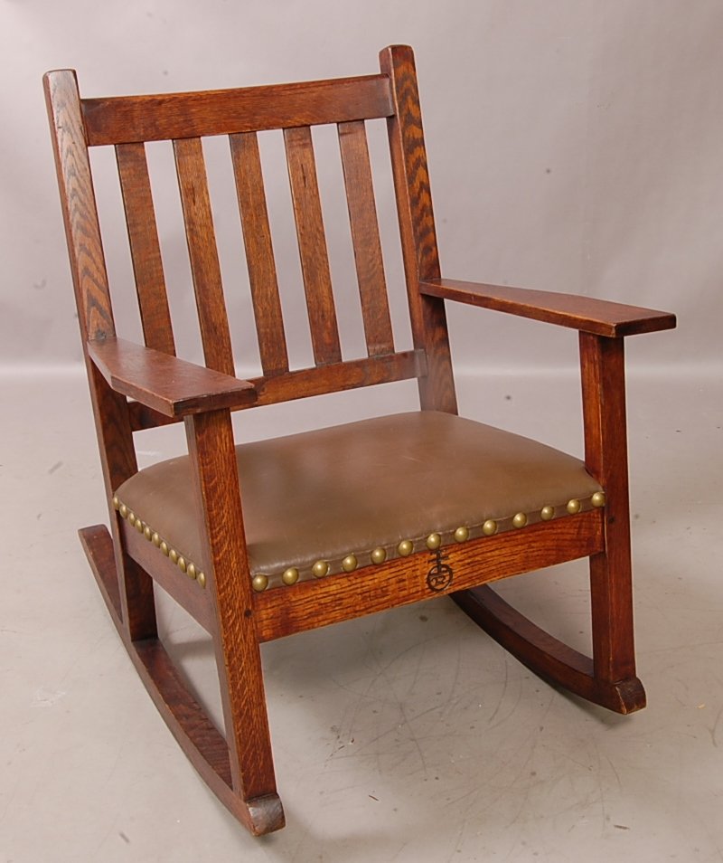 Arts & Crafts style rocking chair: 35" t x 27" d x 30" w. Signed Roycroft