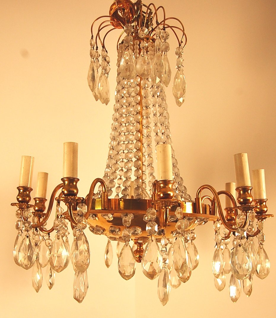 French Bronze & Crystal Chandelier: 19" t x 20" w Ca. 1920