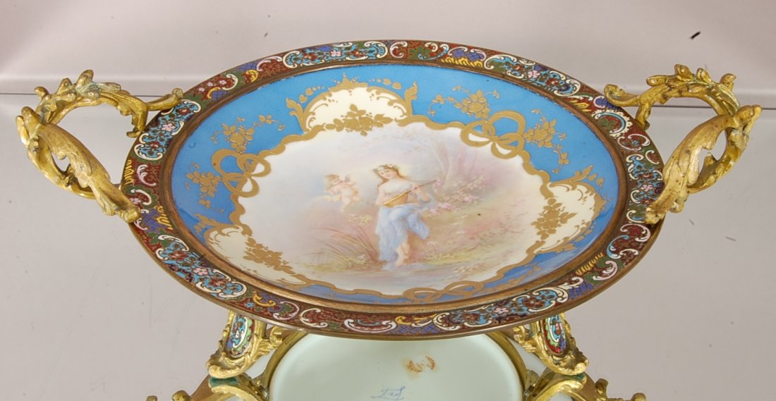 Sevres center bowl with bronze frame: Enameled Champlevé on sides & feet. Musical scene Artist signed Collot 6" x 16" w. Marked on bottom. Ca. 1880