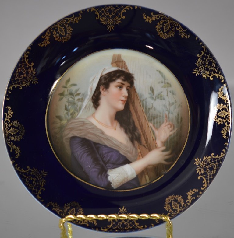 Bavarian Portrait plate: Of woman playing a harp. 8 1/2" d. Bavaria Ca. 1900