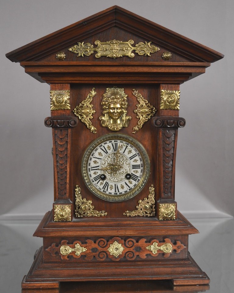 German Walnut Mantel Clock: Renaissance style with Bronze decorations. Time & strike. Back panel is missing. 19" t x 14" w. CA. 1880