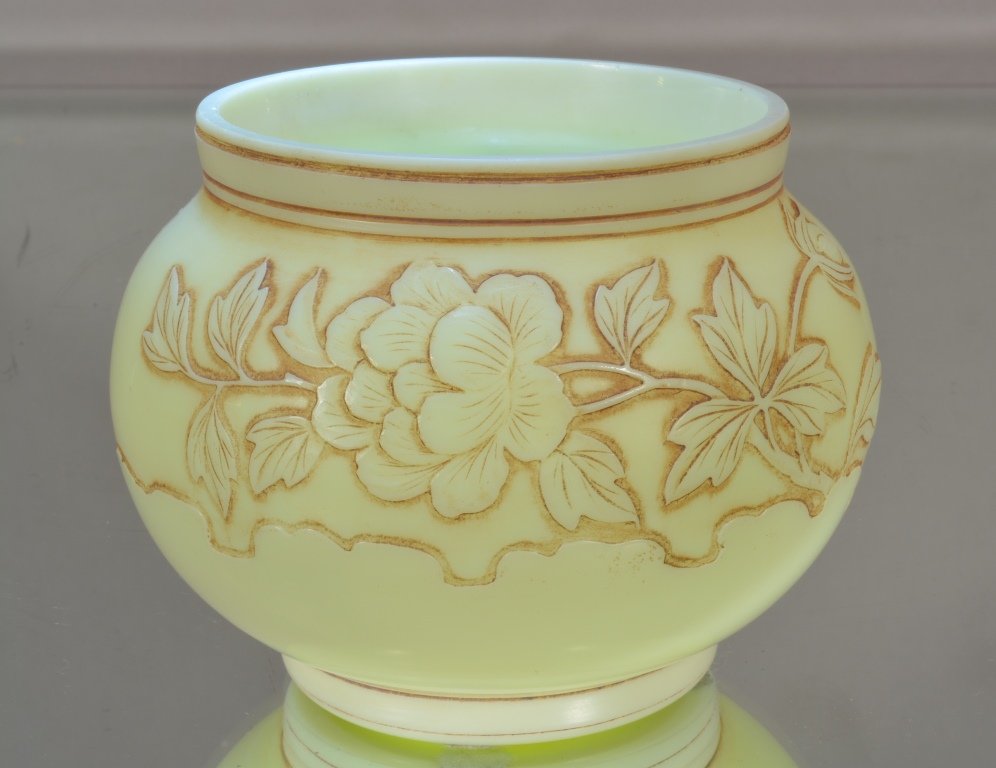 Webb Cameo cut bowl: Floral & leaf decorated. Signed on bottom Thomas Webb & Sons England Ca. 1910. 3 1/2" t x 4 1/2" w.
