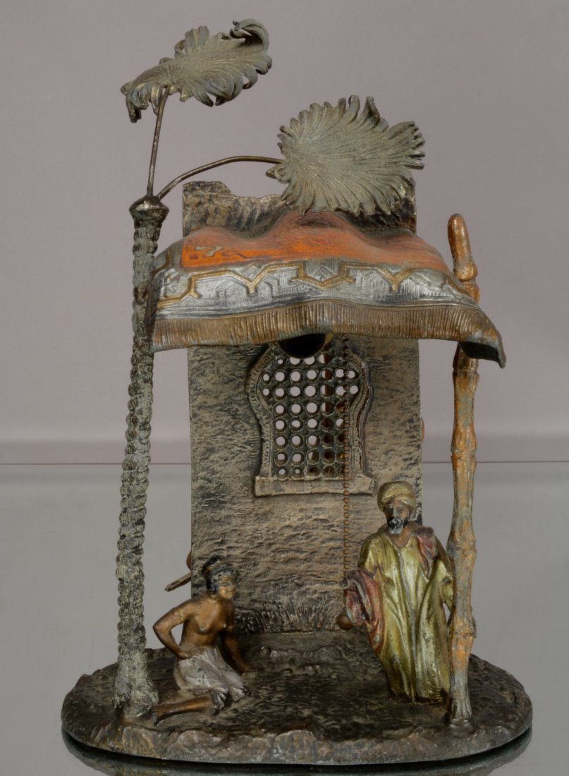 Austrian Lamp Arabian Slave Trader: Cold painted bronze. Signed on bottom Austria. 10" t x 6" w.