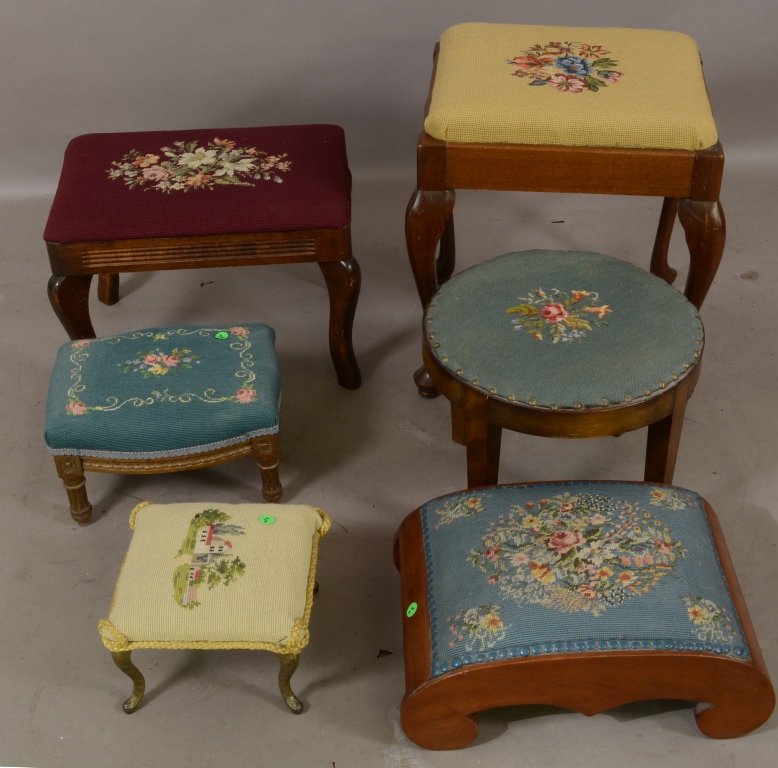 6 footstools: With needle point upholstry top. Ca. 1890-1920