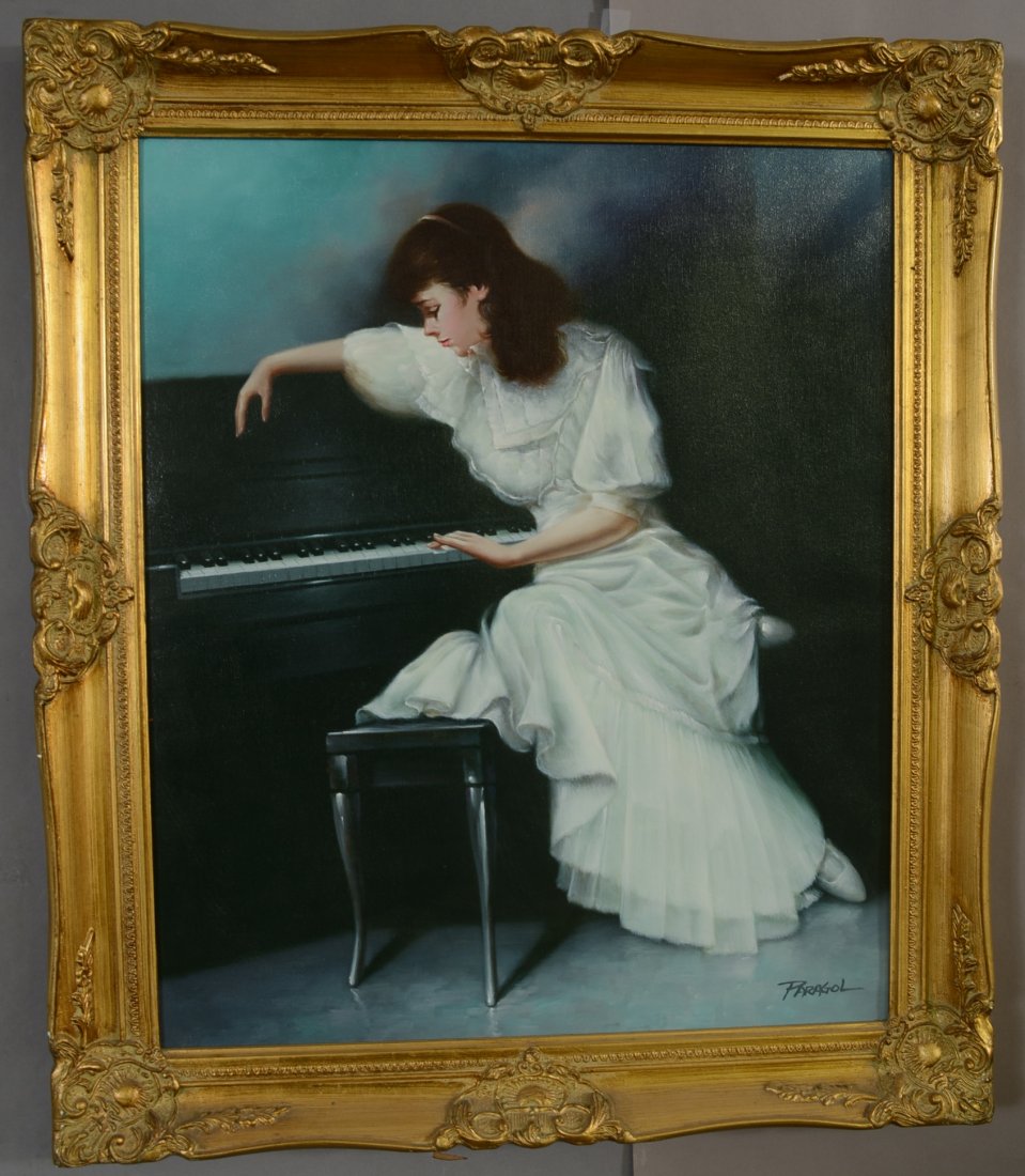 Lady playing the piano: Oil on canvas. Mounted in gold frame, artist signed Paragol 29" x 25".