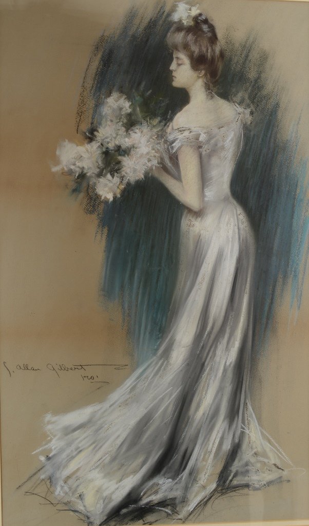 Lady in white Dress: by F.Allan Gilbert Charcoal & pastel. Artist signed F.Alolen GIlbert 1901 Framed 30" t x 17" w.