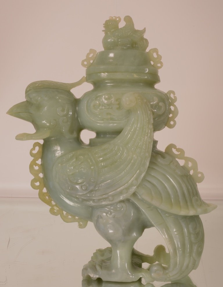 Large Chinese Jade Phoenix form Senser and Cover: Carved stone with bird on cover. 10 1/2" t x 9" w.