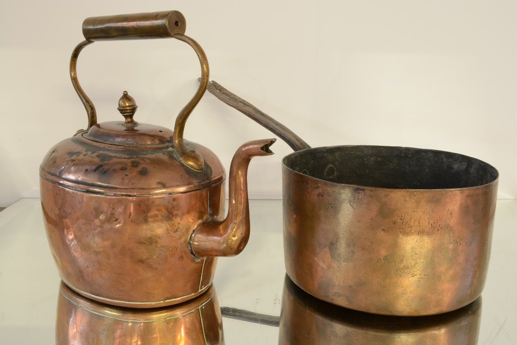Early copper pieces: English tea pot 10" t, Copper pan with dovetail construction 5" t. Ca. 1860