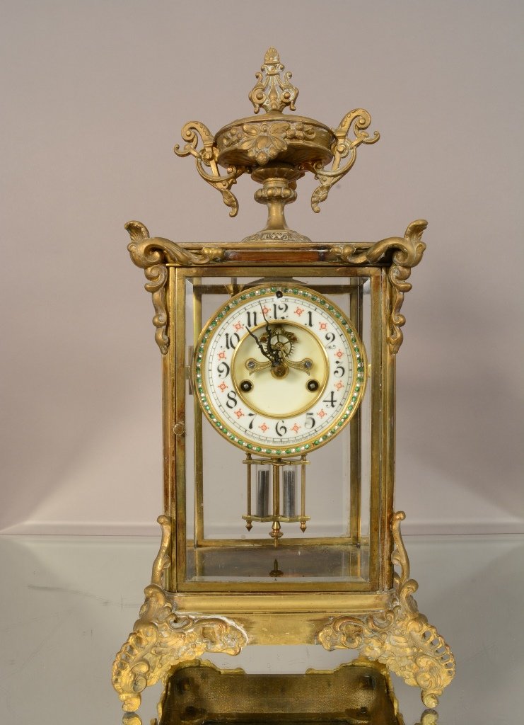 Waterbury Crystal Regulator Clock: Porcelain dial, time & strike. Open escapement. 18" t x 9" w. Ca. 1890