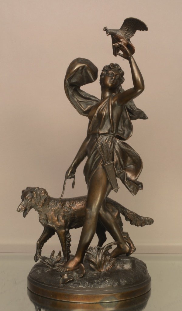Bronze statue of woman hunting with dog: Artist signed J. Hrill 20" t. Ca. 1900
