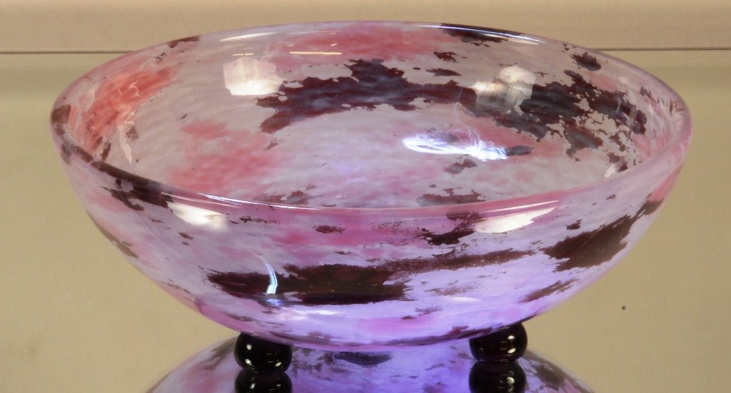 Charles Schneider Art Glass Bowl: 3 footed 9" d. Signed Schneider