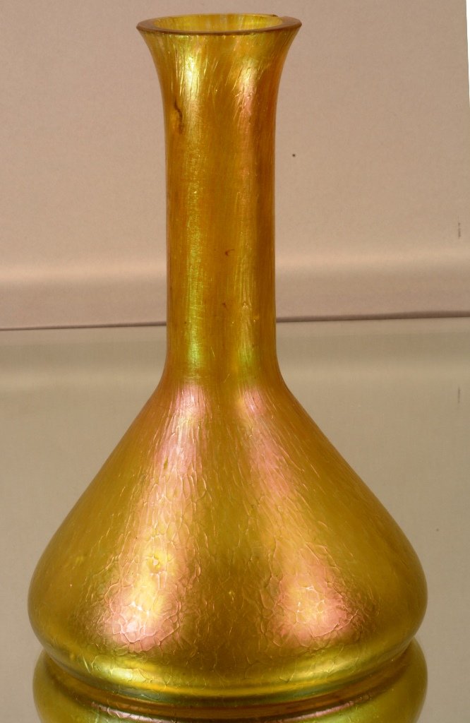 H.Loetz Art Glass Vase: Gold Iridescent. 7" t. Flake on rim. Ca. 1910