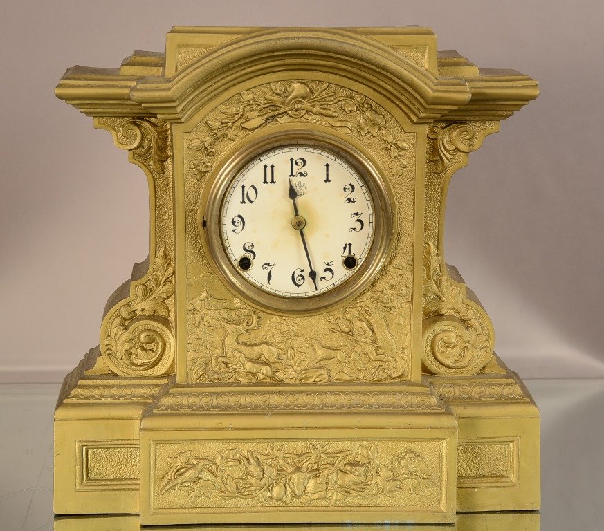 Waterbury decorated Iron Mantel clock: Scenic design on front. Time& strike. All original. 14" t x 15" w. Ca. 1880