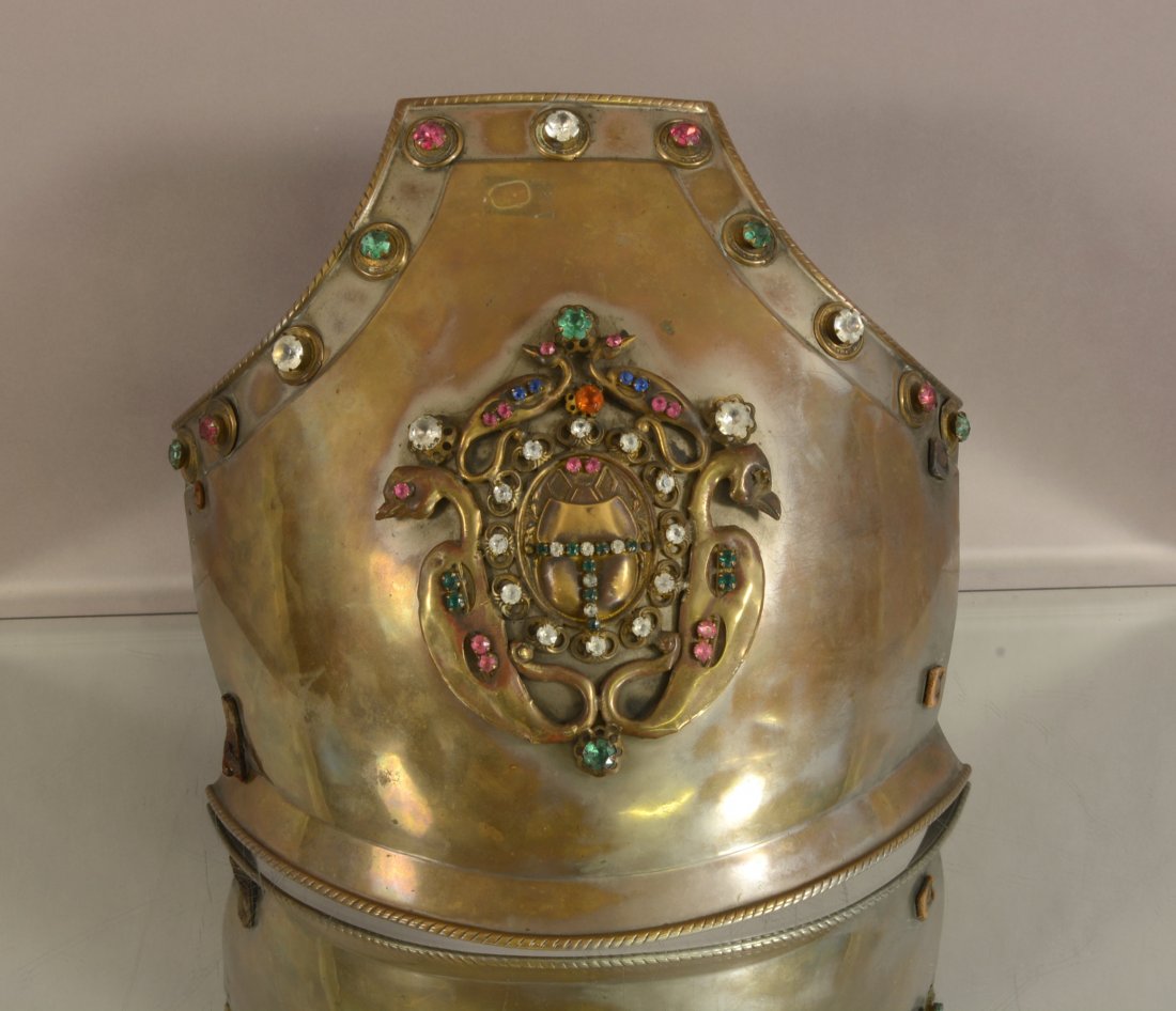 Decorated Breast Plate: Nickle on brass, jeweled birds on center medallion. Original prop for Hollywood films. 13" t x 14" w. Ca. 1920's