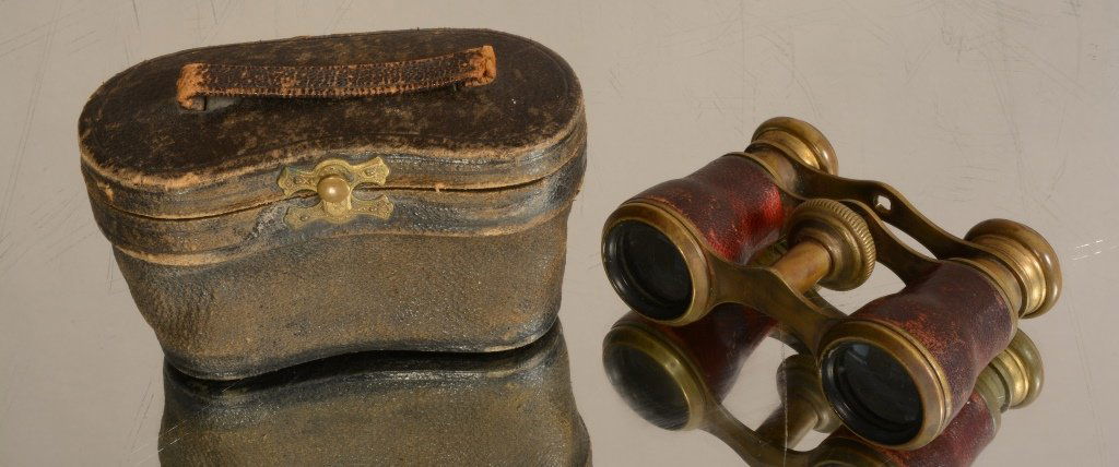 French Opera Glasses: Marked Chevalier Paris. With a leather case. 4" x 3". Ca. 1880