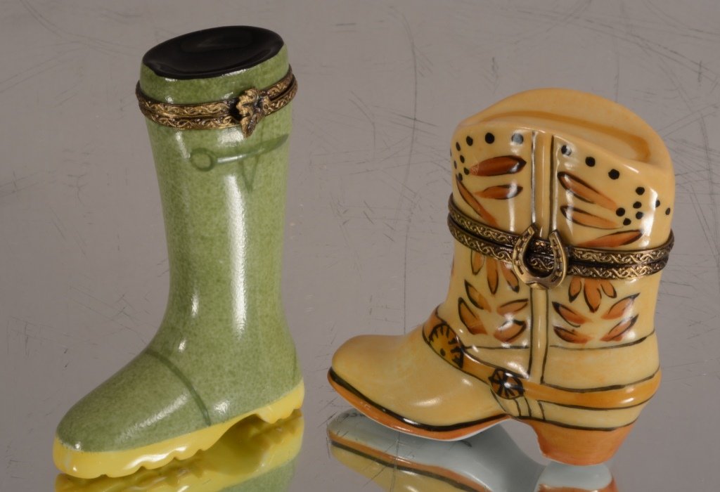 French Limoges porcelain miniatures of boots: Cowgirl boot and fisherman boot. 3" t. Signed Limoges France