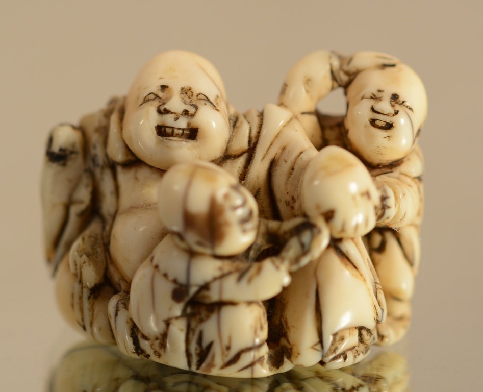Japanese Ivory Netsuke of Hotii with 2 boys: 1 1/4" w x 1 1/4" h Ca. 1900