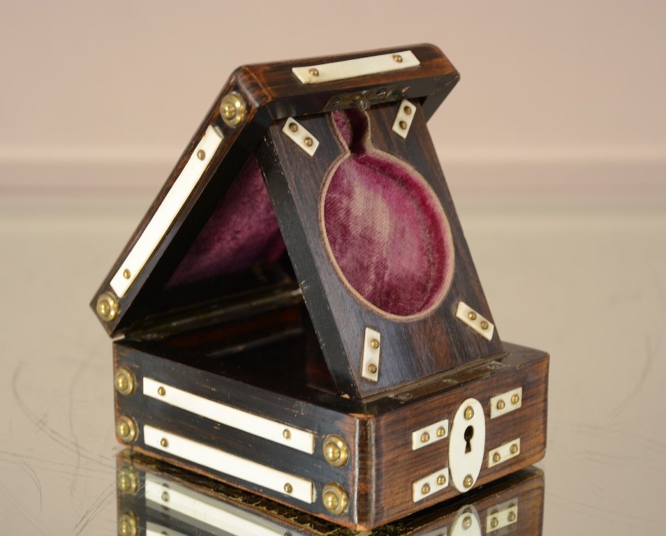 Pocket Watch Case: Walnut and ivory watch watch holder and display case. Circa 1900.