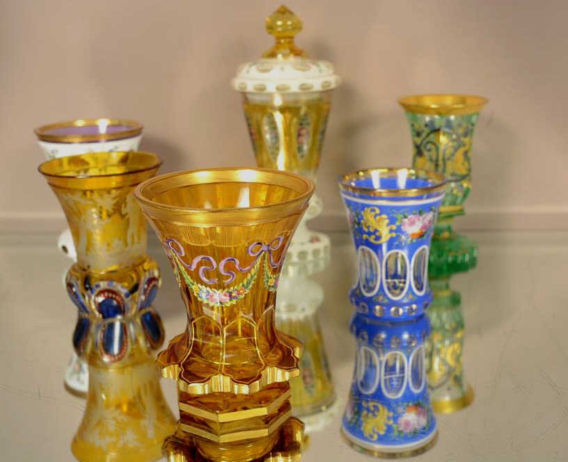 7 Pieces of Enameled Glass: Hand blown and decorated. Possibly Moser. Circa 1900. 9" w 5" t.