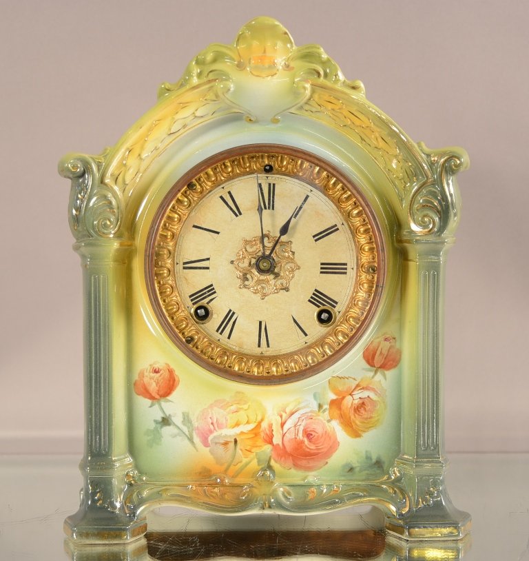 Ansonia "Lalavoie" Model Porcelain Mantel Clock: Ansonia "Lalavoie" Model Porcelain Mantel Clock 11"h X 9"w. Signed Royal Bonn Case. Time & Strike. ca. 1895