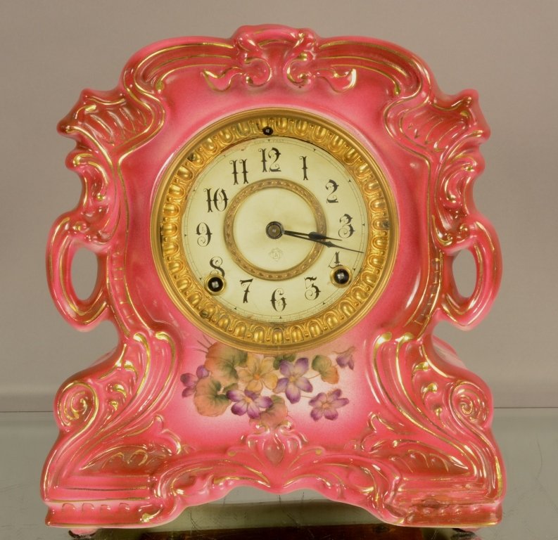 Ansonia "Tiara" Model Porcelain Mantel Clock: Ansonia "Tiara" Model Porcelain Mantel Clock Signed Tiara on Back 11"hX10"w. Works signed Ansonia. Time & Strike. ca. 1895