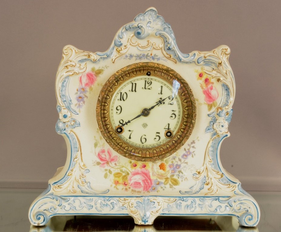 Ansonia "La Lorne" Porcelain Mantel Clock: Ansonia "La Lorne" Porcelain Mantel Clock. Hand Decorated. Royal Bonn Case. Porcelain Dial. Time and Strike. 11"hX9"w. ca. 1900