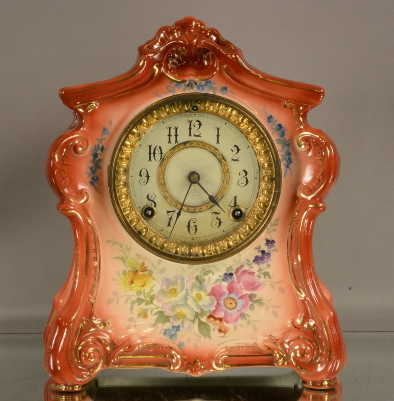 Ansonia "La Fontain" Model Mantel Clock: Ansonia "La Fontain" Model Porcelain Mantel Clock. Hand Decorated Royal Bonn Case. Time and Strike. Signed on Back. 11"hX10"w. ca. 1895.