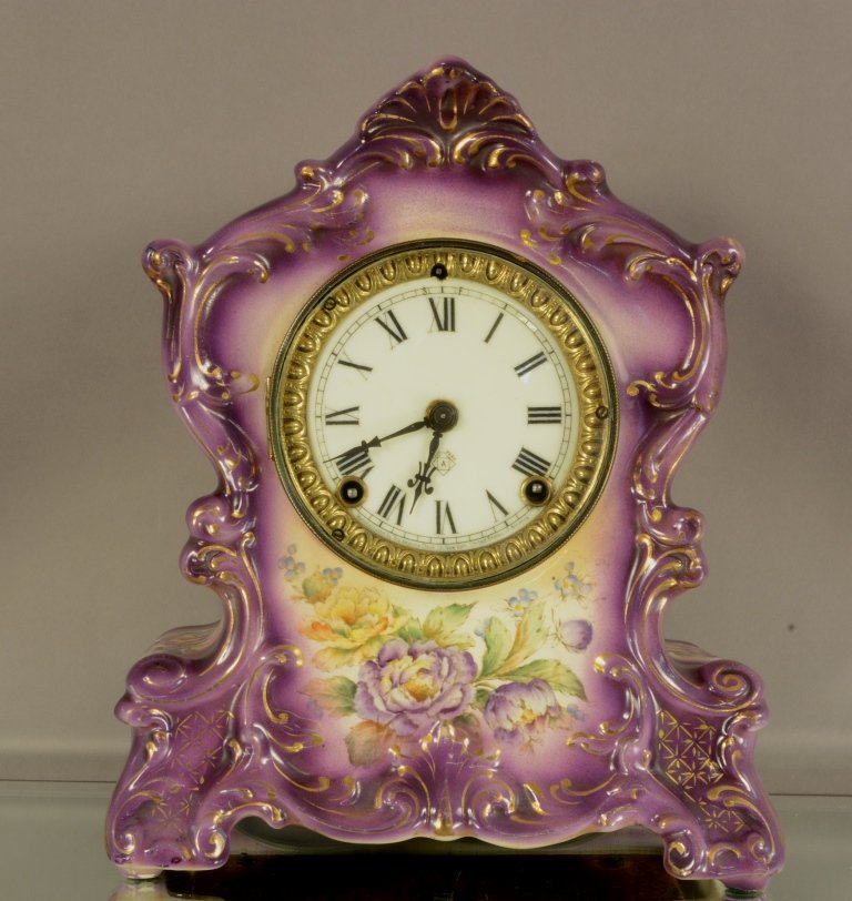 Ansonia "Wyoming" Model Porcelain Mantel Clock: Ansonia "Wyoming" Model Porcelain Mantel Clock. Hand Decorated Case. Porcelain Dial. Time and Strike. 12"hX10"w. ca. 1895