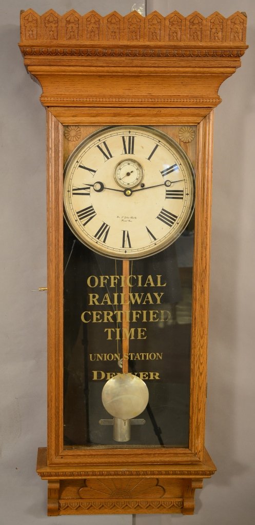 Gilbert Railroad Station Oak Time Clock: Gilbert Railroad Station Oak Time Clock, One Weight Movement with Second Hand. Union Station Denver, Colorado. 48"T ca. 1890