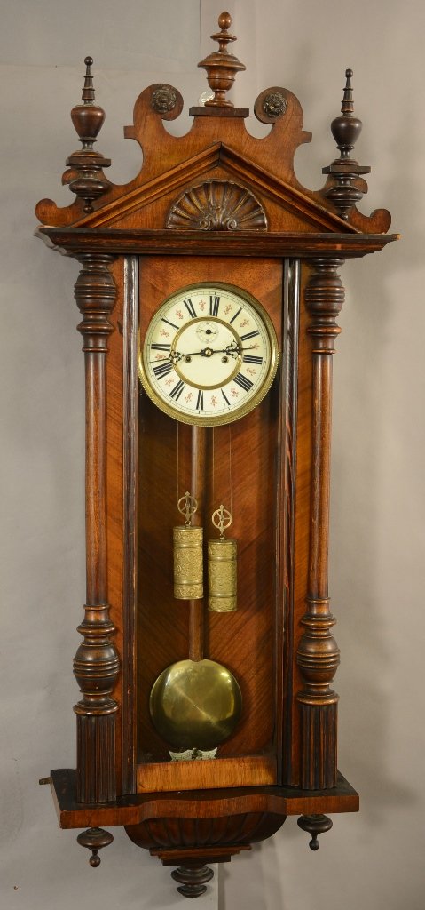 Vienna Two Weight Regulator Wall Clock: Vienna Two Weight Regulator Wall Clock in Walnut Case. Porcelain Dial with Second Hand. Time and Strike. 51"h ca. 1880